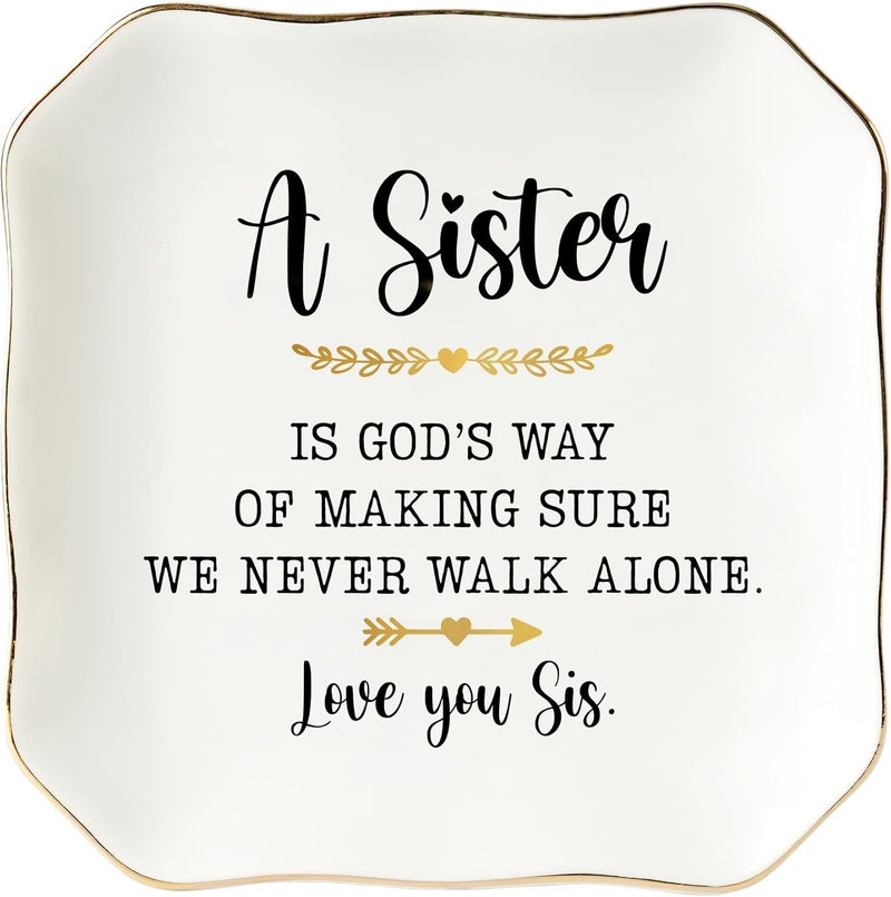 HEXMOZ Sister Birthday Gifts - Sister Valentines Day Gift Ideas for Women, Older Sisters Adult, Big Sis, Little Sis, Sister-in-Law - We Never Walk Alone 4.5"X4.5" Ceramic Jewelry Dish Tray Keepsake - Image 1